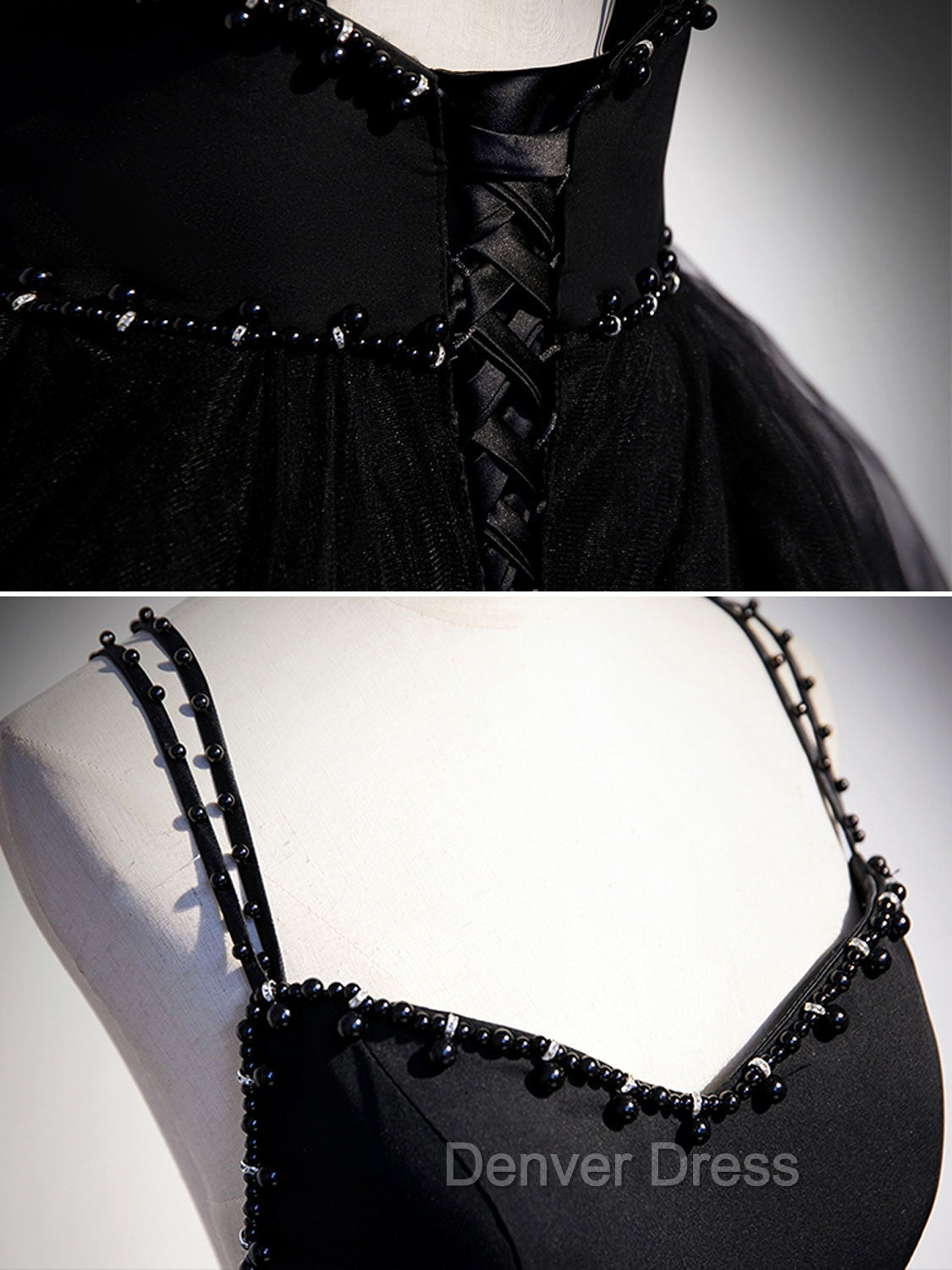 Black V Neck Tulle Long Prom Dresses, Black Formal Graduation Dresses with Beading