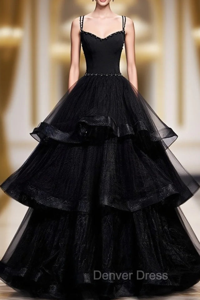 Black V Neck Tulle Long Prom Dresses, Black Formal Graduation Dresses with Beading Main image