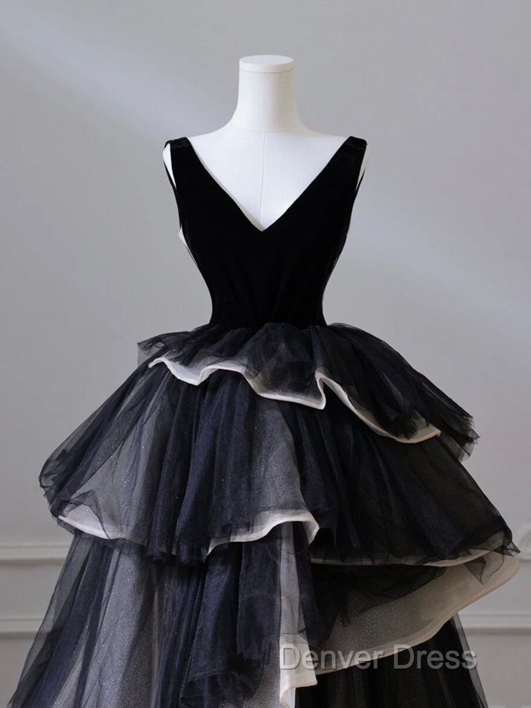 Black V Neck Tulle Long Prom Dresses, Black Long Evening Dresses