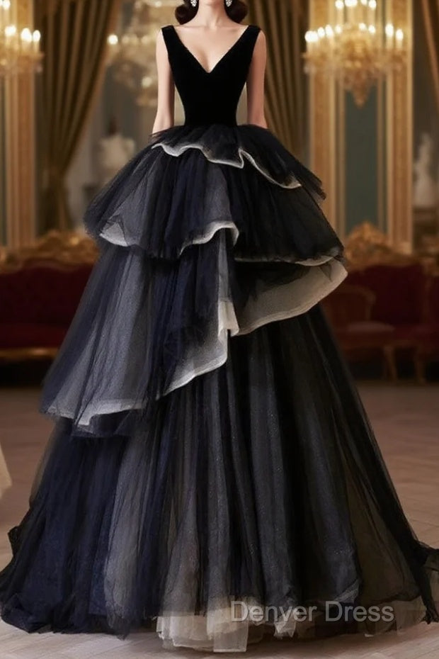 Black V Neck Tulle Long Prom Dresses, Black Long Evening Dresses Main image
