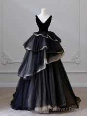 Black V Neck Tulle Long Prom Dress, Black Long Evening Dress