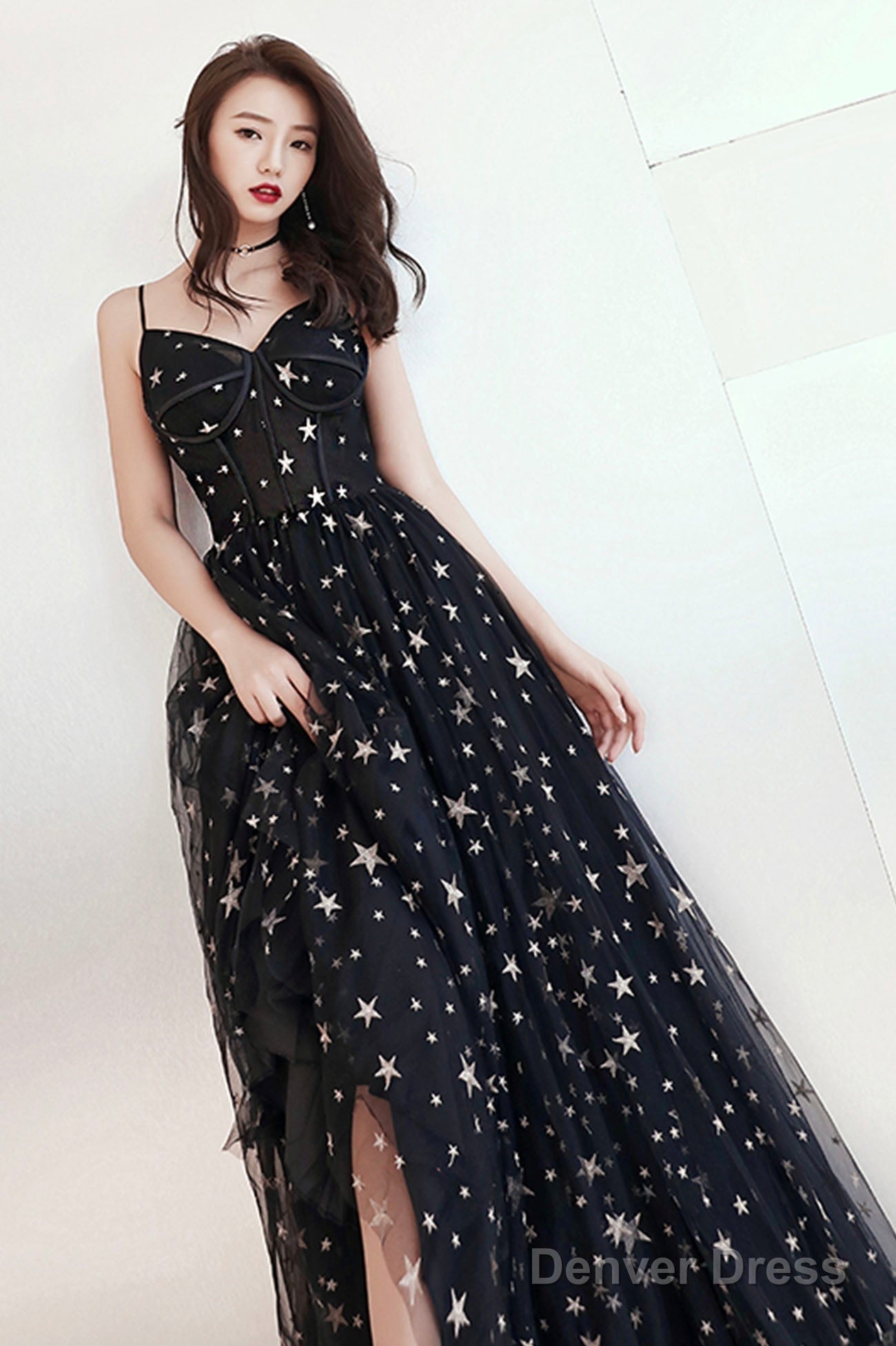 Black V-Neck Tulle Long Prom Dress, Cute A-Line Evening Dress With Stars Secondary image