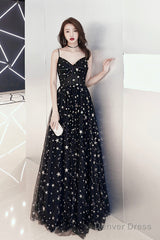 Black V-Neck Tulle Long Prom Dress, Cute A-Line Evening Dress With Stars