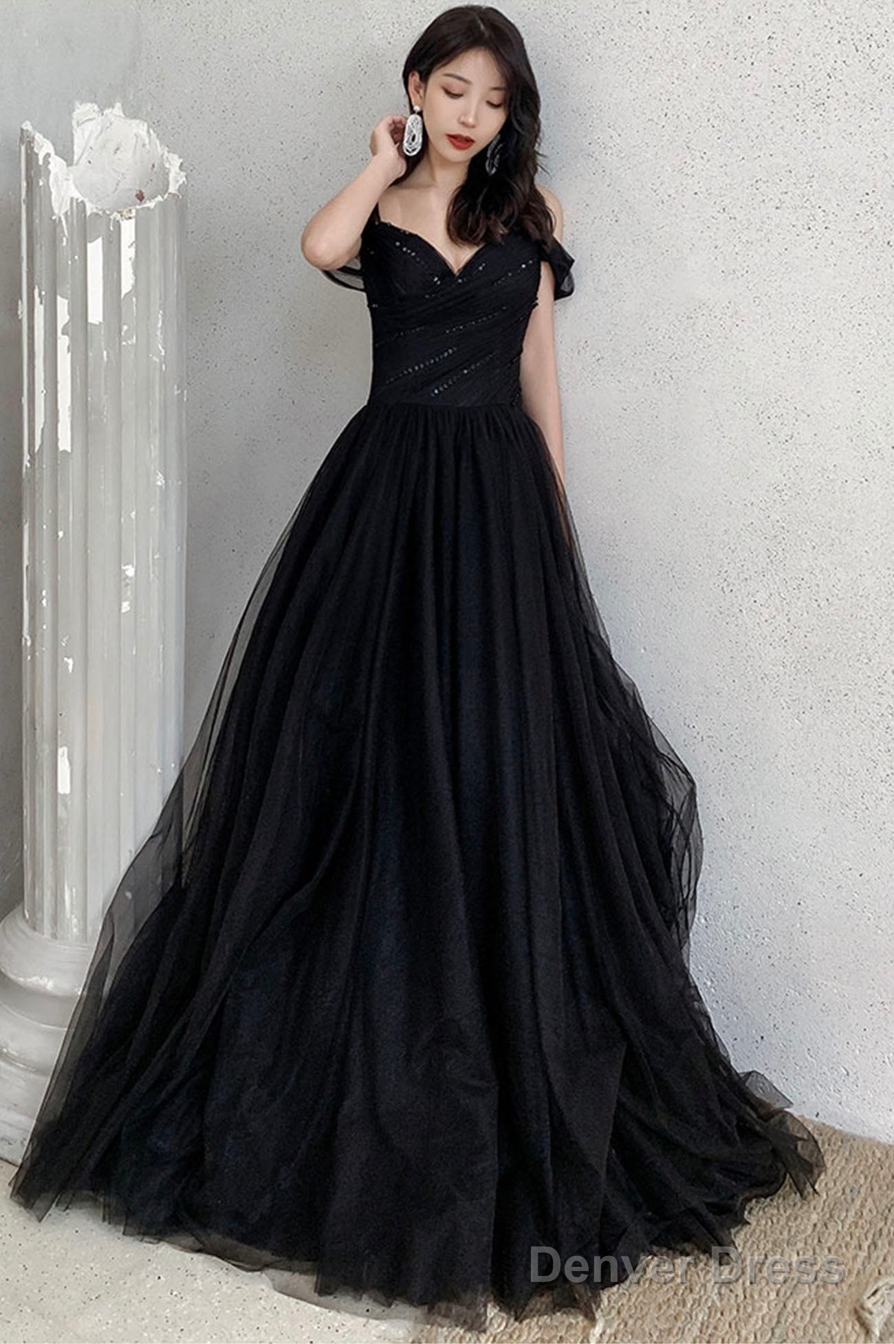 Black V-Neck Tulle Long Prom Dress, Off The Shoulder Evening Dress Secondary image