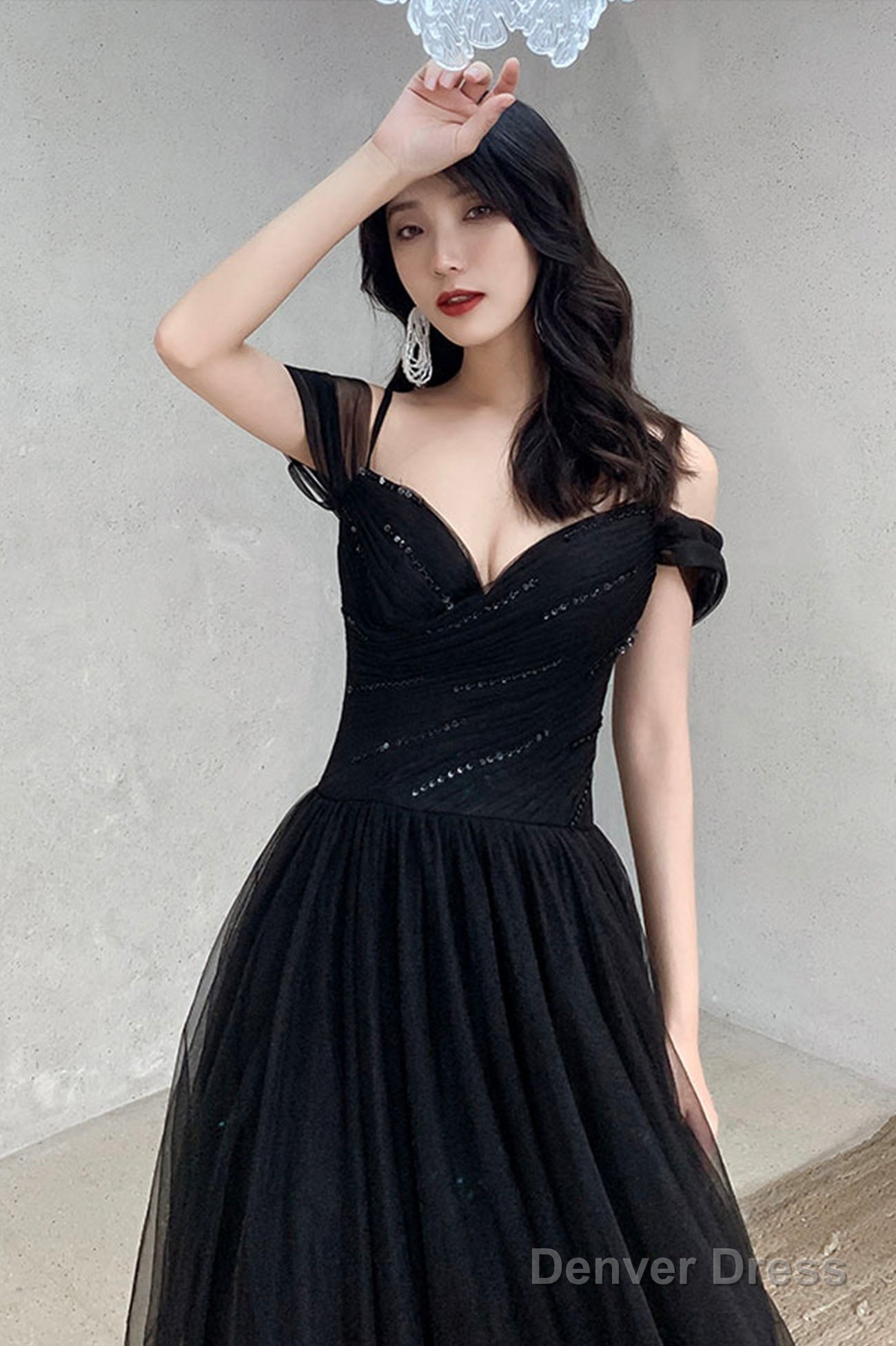 Black V-Neck Tulle Long Prom Dress, Off The Shoulder Evening Dress