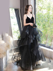 Black V Neck Tulle Long Prom Dresses, Black Formal Evening Dress