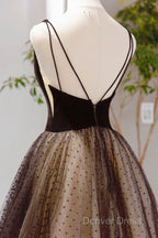 Black V-Neck Tulle Short Prom Dresses, A-Line Black Tea Length Party Dresses