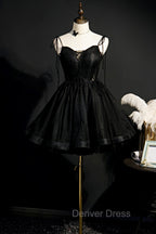 Black V-Neck Tulle Short Prom Dresses, Black A-Line Homecoming Party Dresses