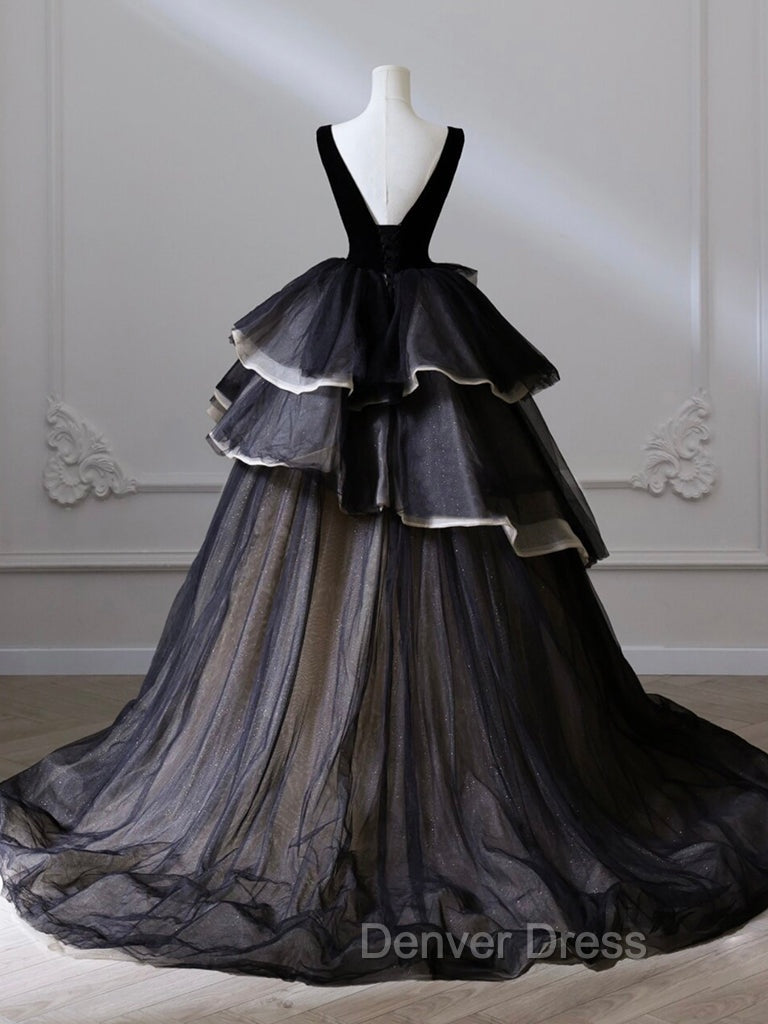 Black V Neck Tulle Velvet Long Prom Dresses, Black Long Formal Dresses Secondary image