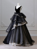 Black V Neck Tulle Velvet Long Prom Dress, Black Long Prom Dresses