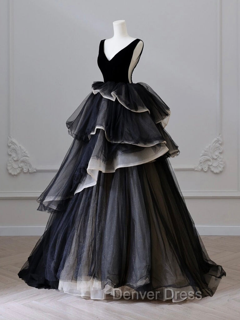 Black V Neck Tulle Velvet Long Prom Dress, Black Long Prom Dresses