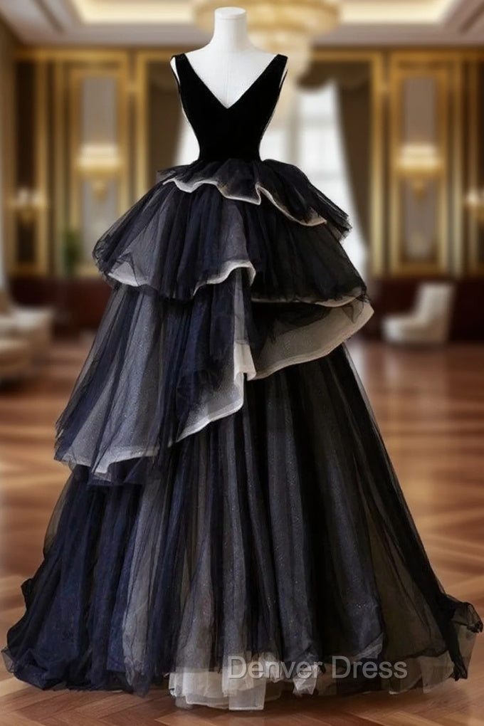 Black V Neck Tulle Velvet Long Prom Dresses, Black Long Formal Dresses Main image