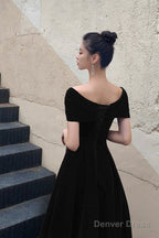 Black V-Neck Velvet Floor Length Prom Dress, Black Evening Party Dress
