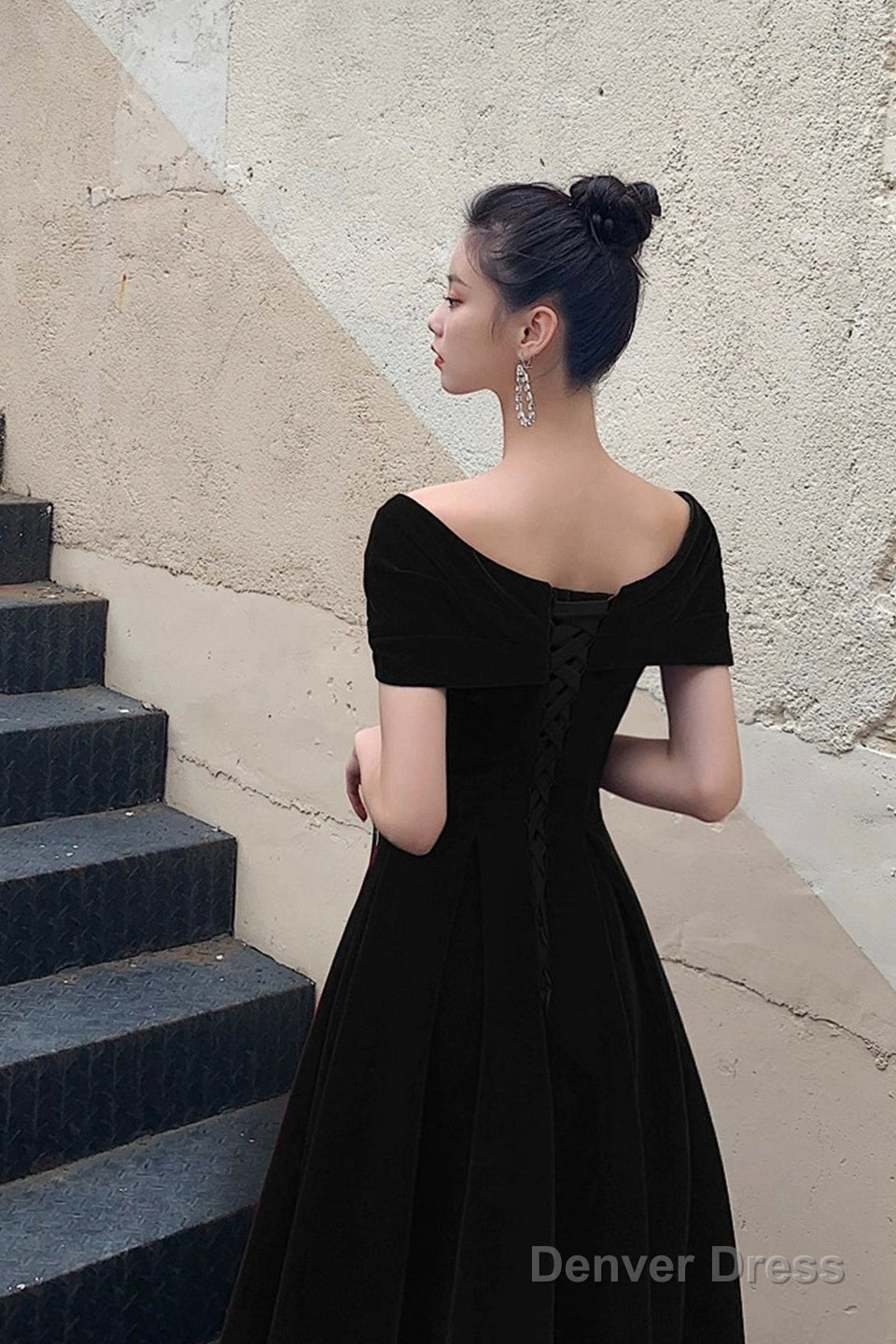 Black V-Neck Velvet Floor Length Prom Dress, Black Evening Party Dress