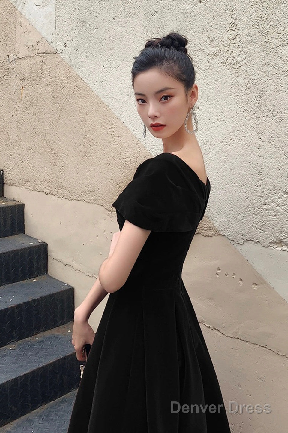 Black V-Neck Velvet Knee Length Prom Dress, Black Evening Party Dress Secondary image