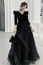 Black V-Neck Velvet Tulle Long Prom Dress, Long Sleeve Party Dress