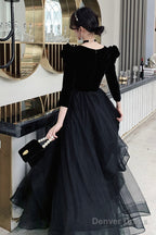 Black V-Neck Velvet Tulle Long Prom Dress, Long Sleeve Party Dress
