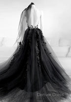 Black V-Neckline Backless Tulle With Lace Party Dresses, Black Long Prom Dresses