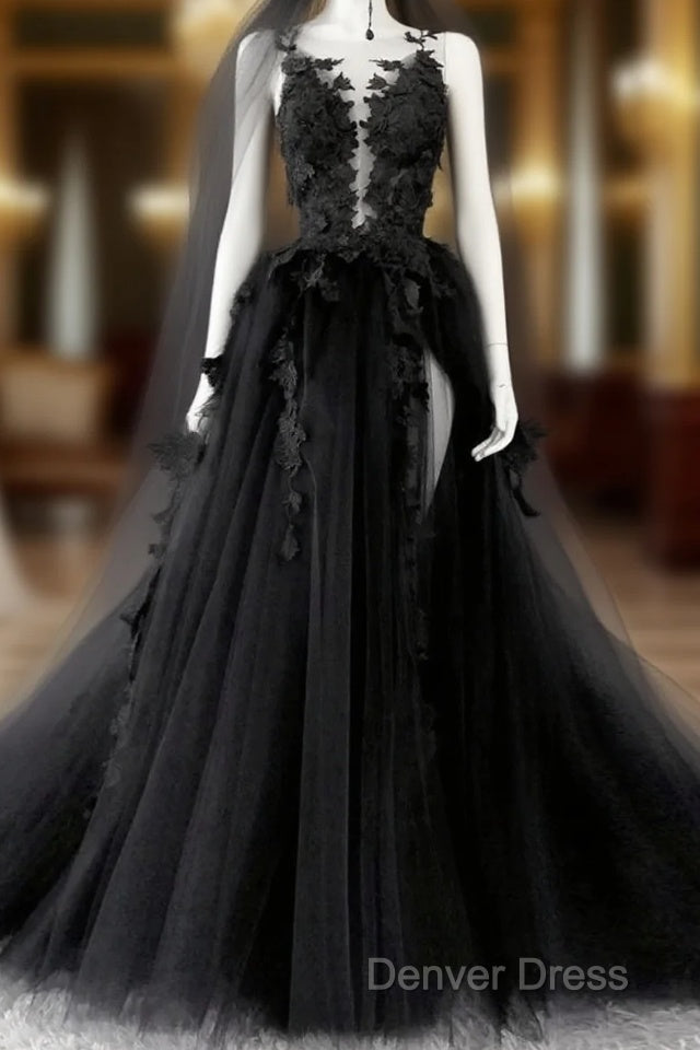 Black V-Neckline Backless Tulle With Lace Party Dresses, Black Long Prom Dresses Main image