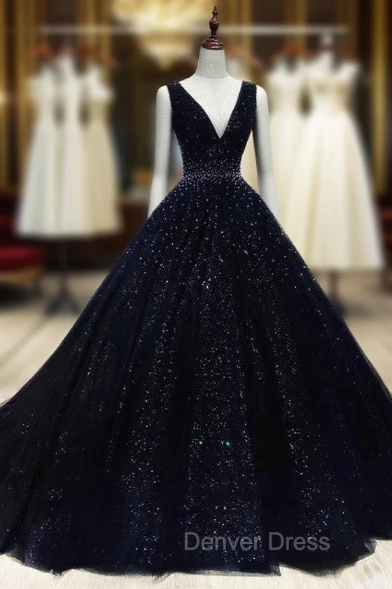 Black V-neckline Shiny Tulle Beaded Sweet 16 Dresses, Black Formal Dresses Main image