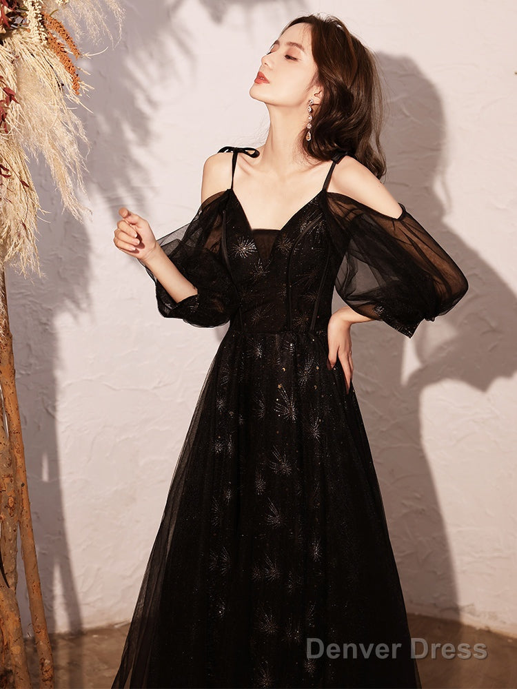 Black V-Neckline Straps A-Line Long Lace-Up Prom Dress, Black Formal Dress Secondary image