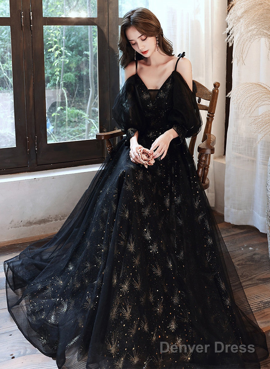 Black V-Neckline Straps A-Line Long Lace-Up Prom Dress, Black Formal Dress Main image