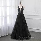 Black V Neckline Tulle and Satin Long Straps Cross Back Prom Dress, Floor Length Prom Dresses