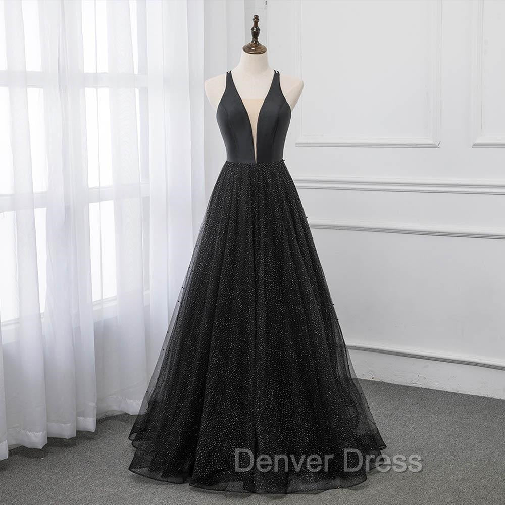 Black V Neckline Tulle and Satin Long Straps Cross Back Prom Dress, Floor Length Prom Dresses