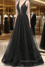 Black V Neckline Tulle and Satin Long Straps Cross Back Prom Dress, Floor Length Prom Dresses