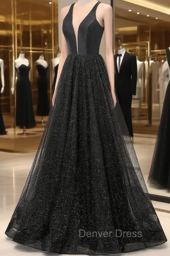 Black V Neckline Tulle and Satin Long Straps Cross Back Prom Dress, Floor Length Prom Dresses