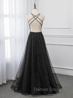 Black V Neckline Tulle and Satin Long Straps Cross Back Prom Dress, Floor Length Prom Dresses