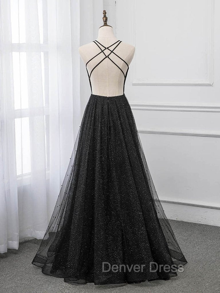 Black V Neckline Tulle and Satin Long Straps Cross Back Prom Dress, Floor Length Prom Dresses