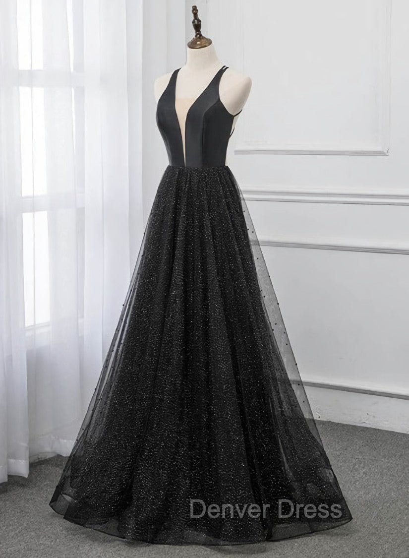 Black V Neckline Tulle and Satin Long Straps Cross Back Prom Dress, Floor Length Prom Dresses