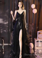 Black V-Neckline Tulle And Sequins Long Party Dress, Black Evening Dress Party Dress