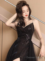 Black V Neckline Tulle And Sequins Long Prom Dress, Black Prom Dress