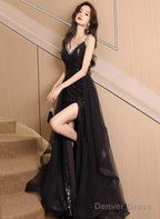 Black V-Neckline Tulle And Sequins Long Party Dress, Black Evening Dress Party Dress