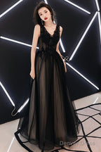 Black V-Neckline Tulle Lace Applique Long Party Dress Prom Dresses, Black Evening Dresses