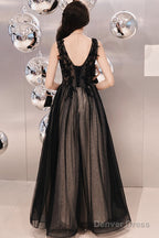 Black V-Neckline Tulle Lace Applique Long Party Dress Prom Dresses, Black Evening Dresses