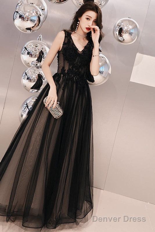 Black V-Neckline Tulle Lace Applique Long Party Dress Prom Dresses, Black Evening Dresses