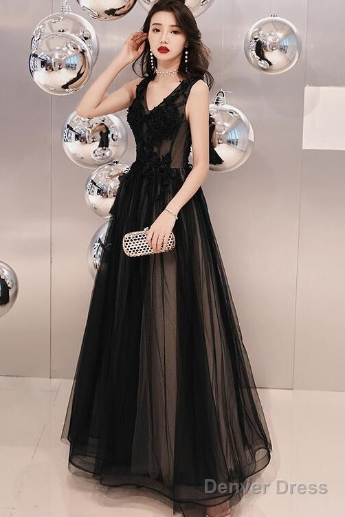 Black V-Neckline Tulle Lace Applique Long Party Dress Prom Dresses, Black Evening Dresses Main image