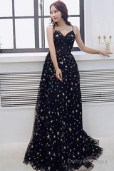 Black V-Neckline Tulle Straps Low Back Long Evening Dress Prom Dress, Black Formal Dresses