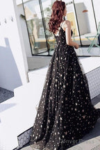 Black V-Neckline Tulle Straps Low Back Long Evening Dress Prom Dress, Black Formal Dresses
