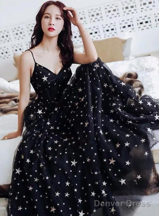 Black V-Neckline Tulle Straps Low Back Long Evening Dress Prom Dress, Black Formal Dresses