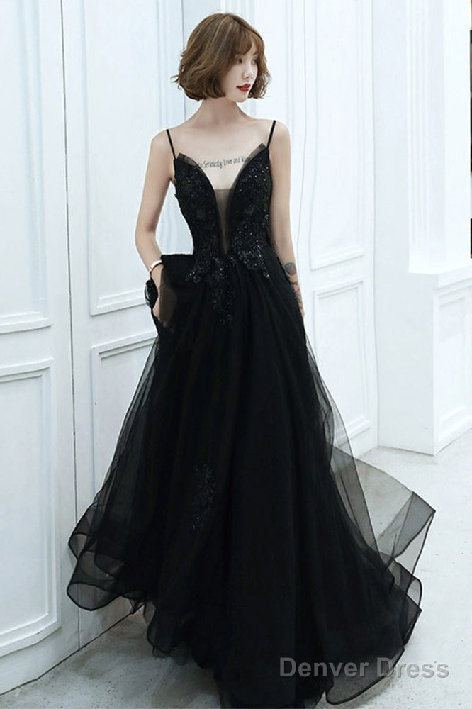 Black V-Neckline Tulle With Lace Applique Long Prom Dress, Black Evening Dress Secondary image