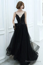 Black V-Neckline Tulle With Lace Applique Long Prom Dress, Black Evening Dress