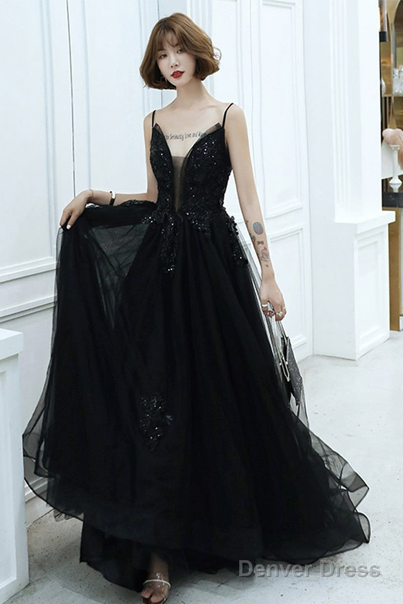Black V-Neckline Tulle With Lace Applique Long Prom Dress, Black Evening Dress