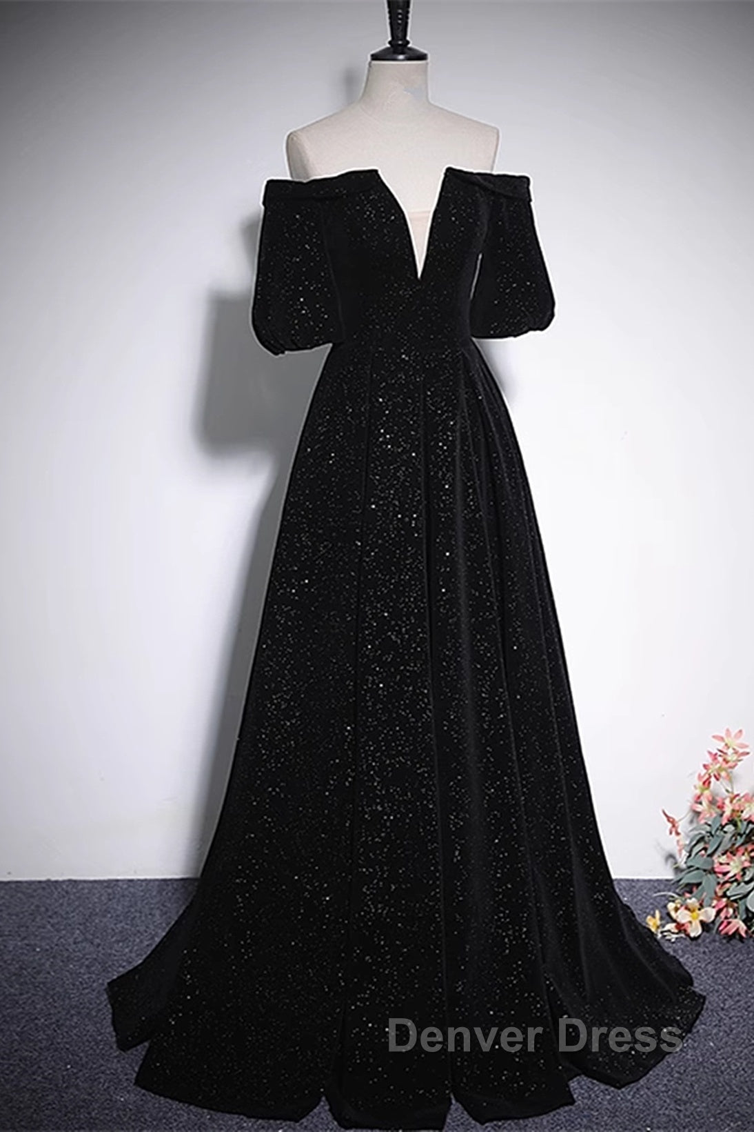 Black V-Neckline Velvet Off Shoulder Party Dresses, A-Line Black Prom Dresses Evening Dresses