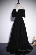 Black V-Neckline Velvet Off Shoulder Party Dresses, A-Line Black Prom Dresses Evening Dresses