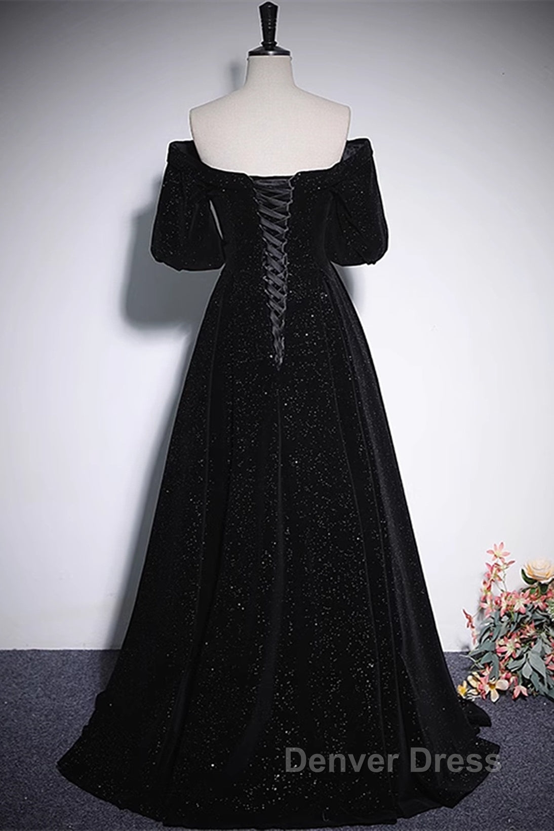 Black V-Neckline Velvet Off Shoulder Party Dresses, A-Line Black Prom Dresses Evening Dresses