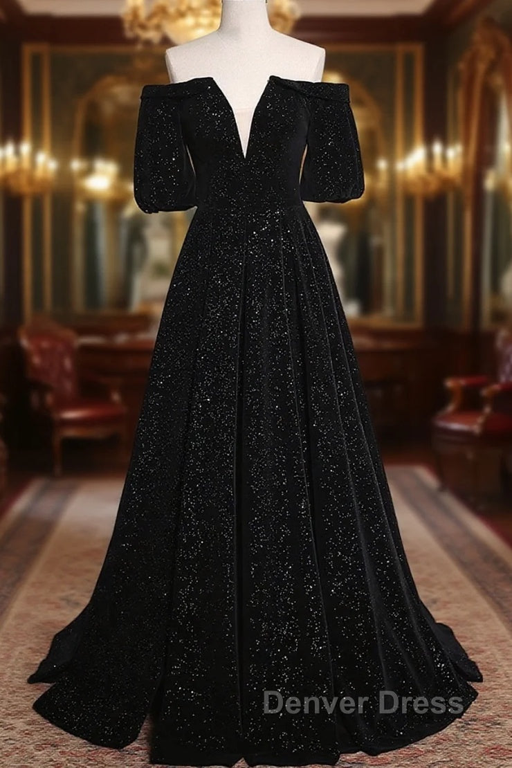 Black V-Neckline Velvet Off Shoulder Party Dresses, A-Line Black Prom Dresses Evening Dresses Main image